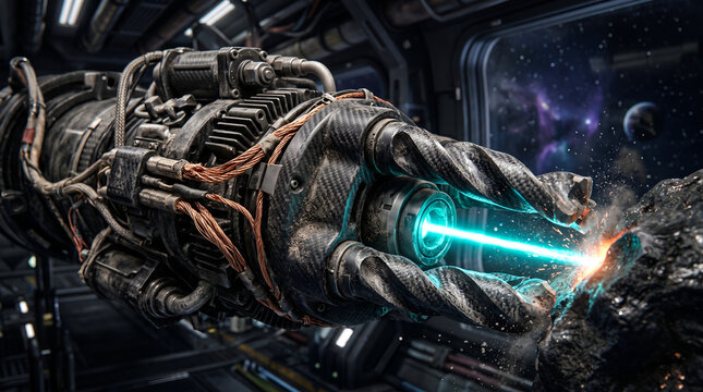 Futuristic Asteroid Mining Machine with Glowing Laser Beam inside Outer Space Station