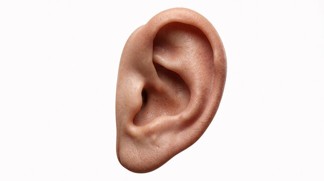 A close-up view of a human ear on a white background