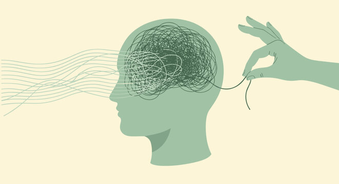 Minimalist flat vector, wellness concept. A puffy, soft human head silhouette filled with a messy jumble of pistachio green lines representing brain fog. A single thread is being pulled by a calm hand