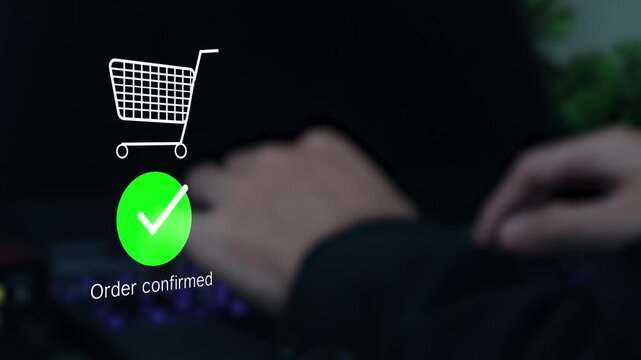 Online shopping order confirmation displayed on smartphone, laptop in modern workspace, secure mobile payment, ecommerce checkout, digital transaction, customer purchase success, fintech technology.