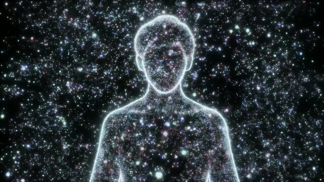 腕から光の粒子となって消えていく人物