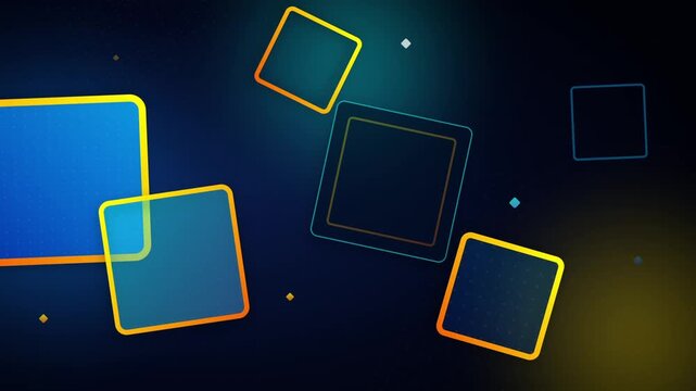 Floating abstract square shapes moving across dark blue background digital graphic motion design element