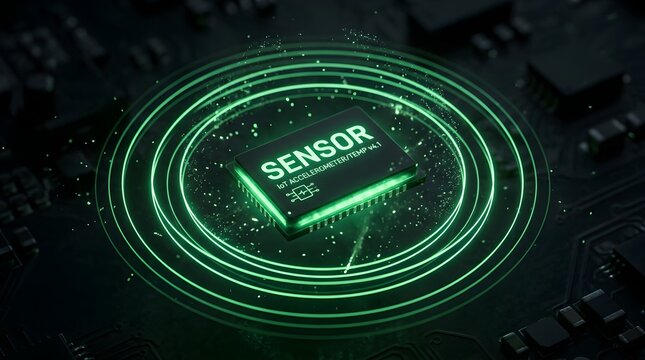 Glowing Green Sensor Chip with Iot Accelerometer and Temperature Readings on a Circuit Board Generating Concentric Energy Waves