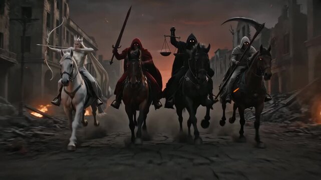 Prophetic Scene Showing The Four Horsemen Of The Apocalypse Riding Across A Fallen World