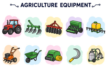 Fototapeta premium Collection of Various Modern and Traditional Farming Tools and Agricultural Machinery Icons for Farm Operations