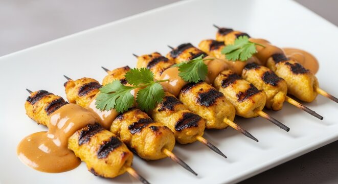 grilled chicken skewers with sauce and herbs