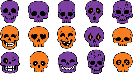Obraz premium Set of colorful cartoon skull icons with funny faces for halloween party decoration Vector illustration