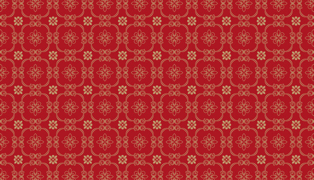 Red design with golden Chinese pattern with flower silhouettes.