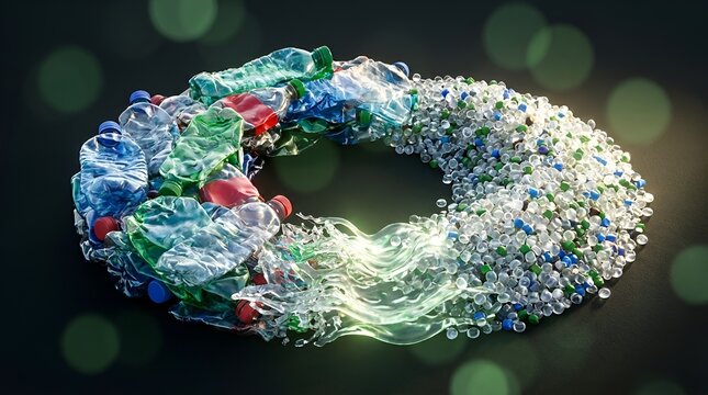 Plastic bottles recycling into plastic raw material granules circular economy concept