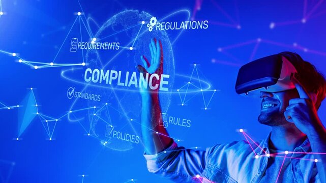 A user actively engages with virtual reality technology in a modern setting, exploring various compliance concepts against a dynamic digital backdrop. Raster