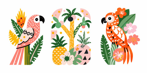 Tropical Parrots And Plants Colorful Vector Illustration © Rubel