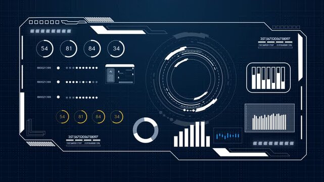 Futuristic AI HUD interface dashboard displaying digital data analytics charts percentage meters and artificial intelligence chat window on dark background.