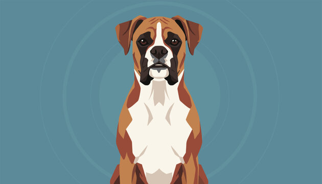 Handsome boxer dog portrait looking forward with a calm expression against a deep blue concentric circles backdrop.