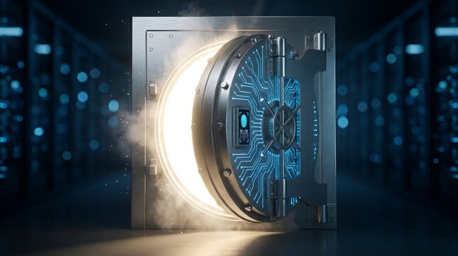 Open bank vault door in server room high tech cyber data security storage concept