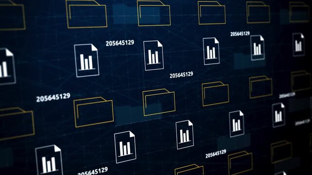futuristic holographic interface of a file manager, folder structure with documents and data scanning, digital document storage software, cloud database, search and manage documents.