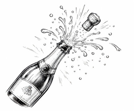 Black and white ink drawing of a champagne bottle popping