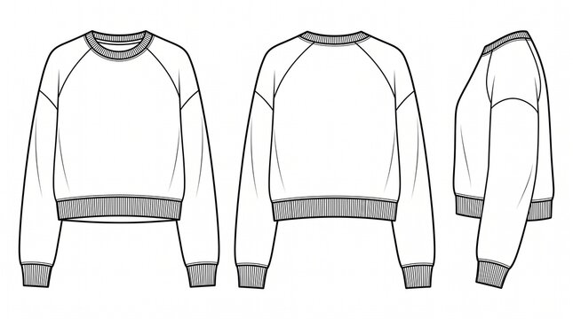 Women's Cropped Raglan Sweatshirt Technical Fashion Flat Sketch, Front, Back, and Side Views