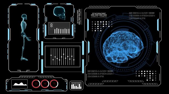 Futuristic medical HUD interface display featuring 3D human brain scan skeleton model and data analytics charts on dark background for sci-fi technology concept.