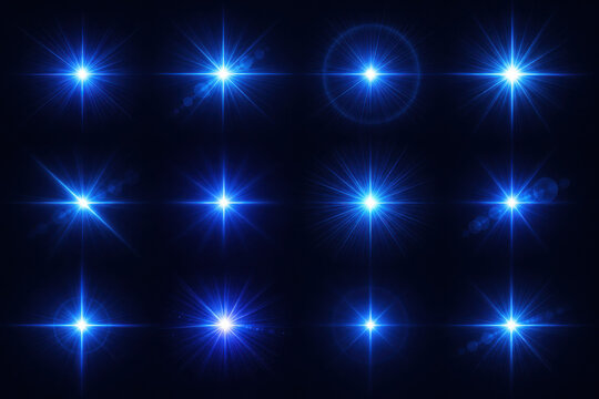 Set of bright blue light sparkles and glowing star lens flares