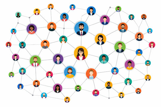 Group of people icons connected in a social network communication map