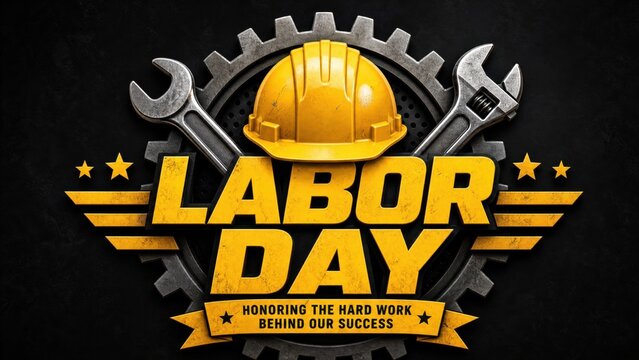Vibrant Labor Day vector illustration featuring a yellow hard hat surrounded by crossed wrenches and a gear, with bold yellow and orange text and stars. Perfect for honoring workers and hard work.