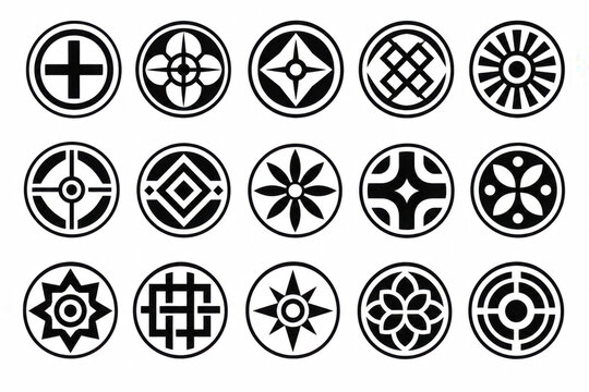 Set of fifteen black round geometric abstract icons and shapes