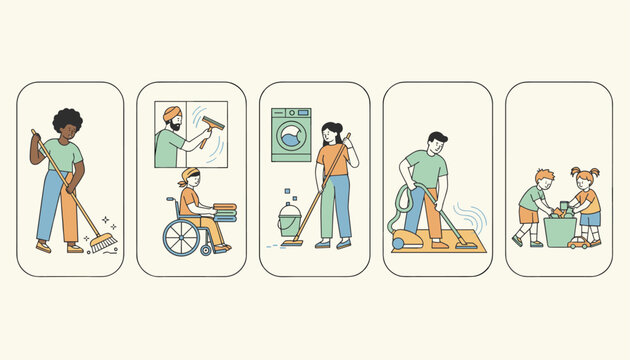 Cleaning chore panels featuring diverse people sweeping, washing clothes, vacuuming, and children tidy up toys.