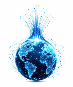 Blue glowing digital earth globe with particle explosion effect design