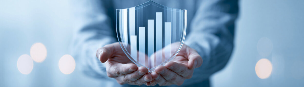Hands holding a transparent shield with a bar chart, symbolizing protection and growth in business or data security.