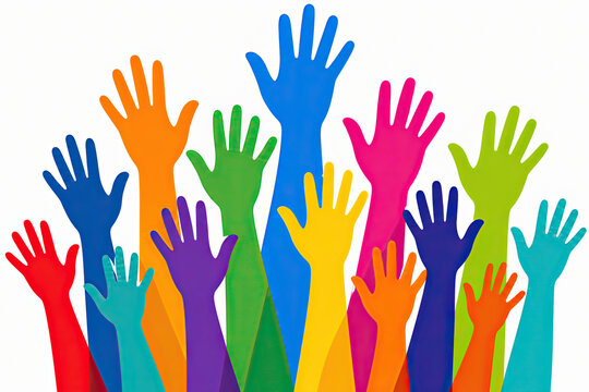 Many colorful raised hands reaching up together for unity and help