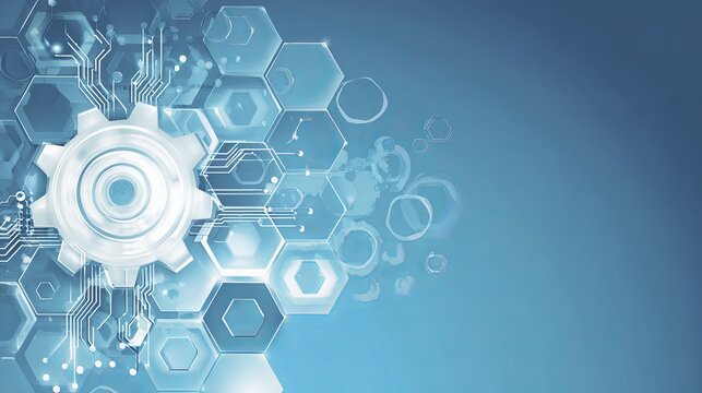 Vector illustration of gear wheel, hexagons and circuit board with futuristic hi-tech digital technology and engineering telecom network on light blue abstract background