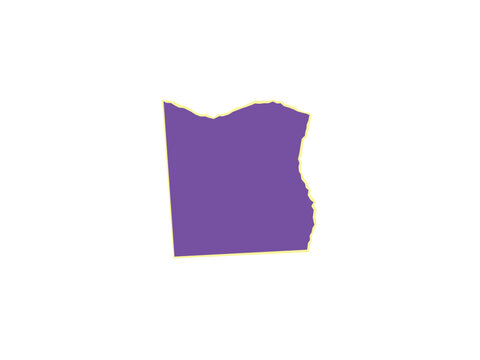 A purple silhouette representing the state of oregon with a yellow border