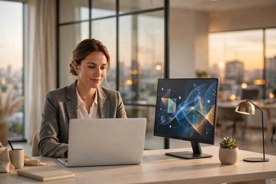 Professional Woman Working on Laptop with AI Visualization