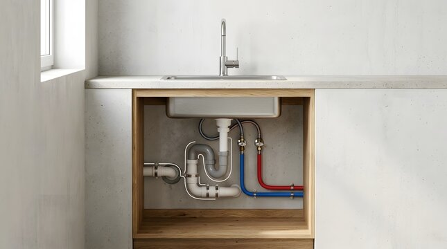 Kitchen sink base cabinet plumbing with complex drainage assembly and color coded supply pex lines. kitchen, cabinet