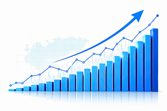 Blue bar chart showing business growth with rising arrow and data trend