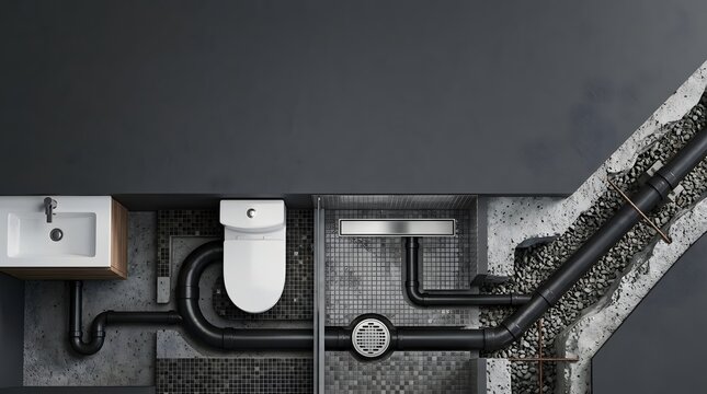 Modern bathroom plumbing system layout with underground drainage pipes and fixtures top down view. Bathroom pipe installation, residential drain construction.