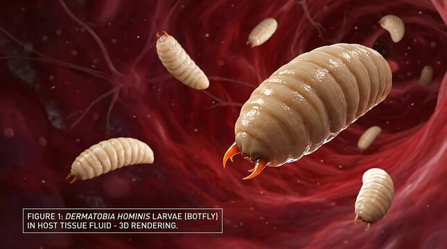 Botfly larvae in red fluid 3 D rendering dermatobia hominis
