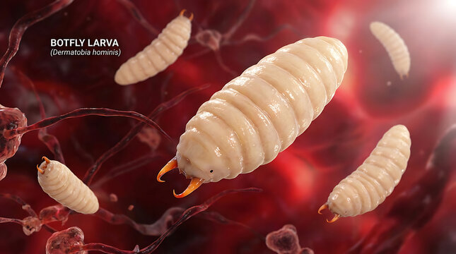 Botfly larvae floating in red fluid with organic structures