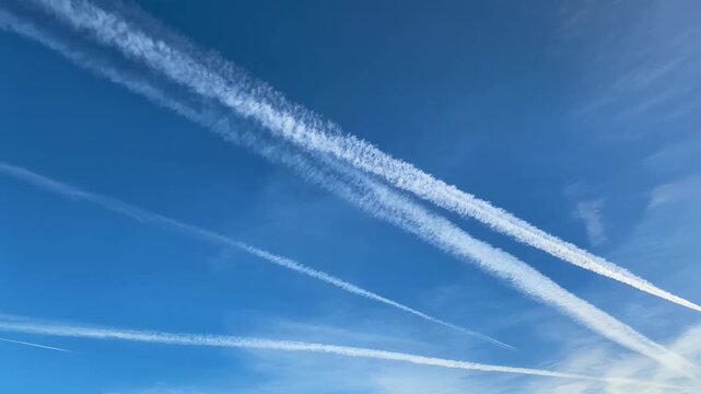 Atmospheric airplane contrails spreading across sky