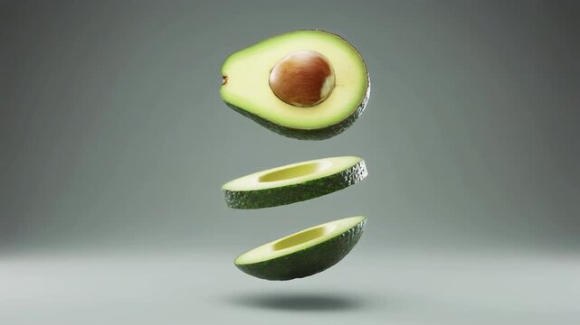Avocado slices floating in mid-air studio softbox lighting