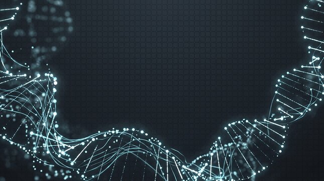 Abstract digital DNA helix motion background with glowing blue particle grid