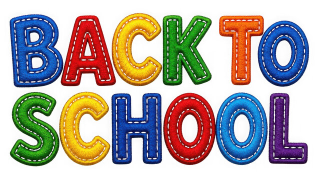 Colorful embroidered letters spelling back to school isolated on transparent background