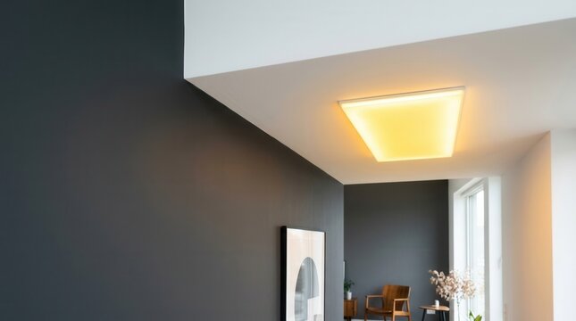 Modern ceiling white rectangular light fixture Contemporary architecture featuring LED strip lights and recessed spotlights creating