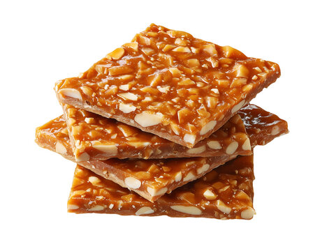 Classic English toffee with crunchy almond pieces and rich buttery caramel, stacked in crisp squares, isolated on a white background.