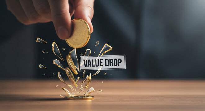 Inflationary pressures affect consumer value drop with coins breaking symbolizing economic decline and financial instability