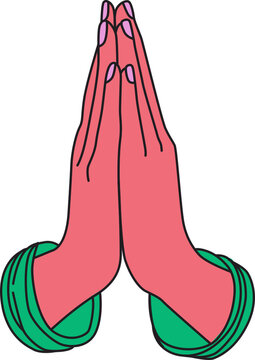 Praying Hands Gesture Illustration, Folded Hands in Prayer, Namaste Greeting, Flat Cartoon Vector Isolated on Transparent Background