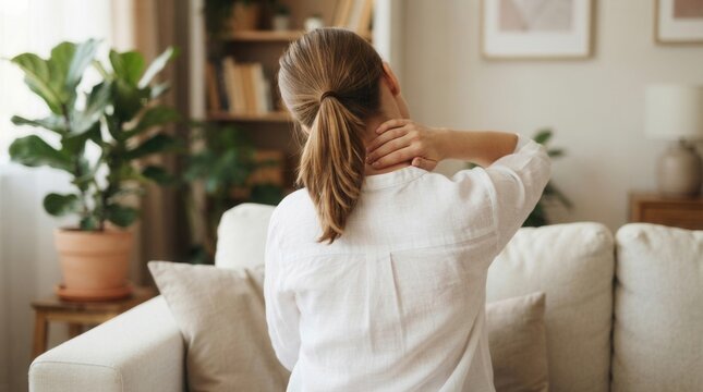 Young woman sitting couch her back holding shoulder and neck with pained expression, experiencing
