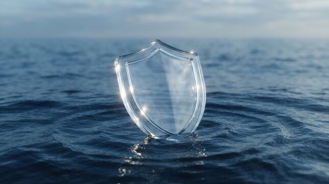 3D rendering shield-shaped object floating water Digital security shield with glowing blue network pattern standing