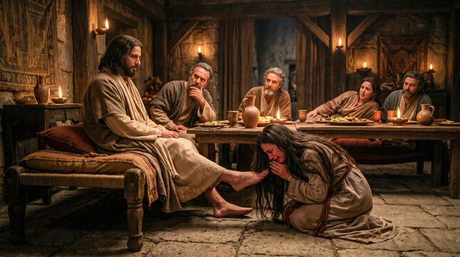A weeping woman washing Jesus' feet with her tears and wiping them with her hair during a banquet. Scene of devotion and forgiveness