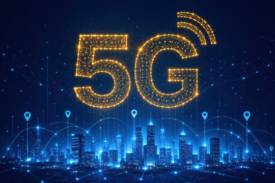 Glowing 5g network symbol above a digital blue city skyline background